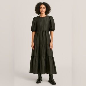 & Other Stories Black Puff Sleeve‎ Maxi Dress Crinkle Tiered Size 36 US 4 Small